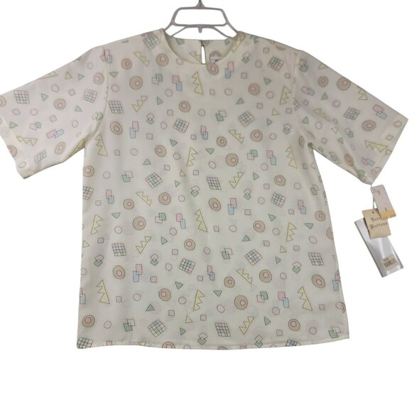 Vintage 80s Yves St. Clair Geometric Print Blouse Size 10 Deadstock Shoulder Pad - Picture 1 of 10